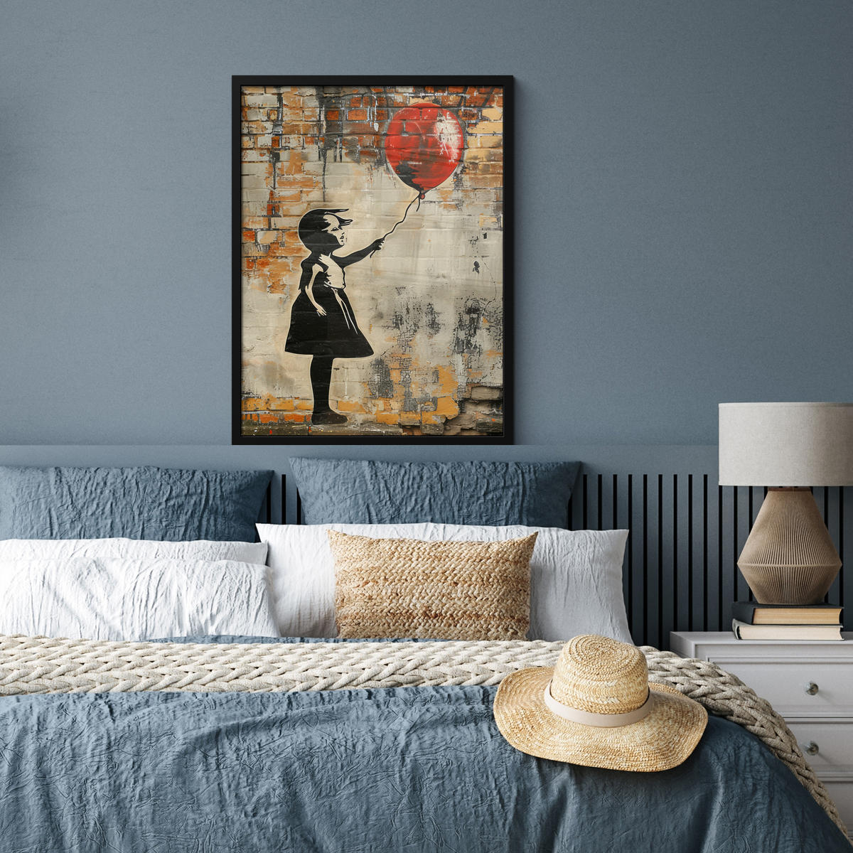 GERAHMTES BILD Graffiti - Banksy - Mädchen - Straßenkunst 60x80 cm - Sandfarben, Papier (60/80cm) - MuchoWow