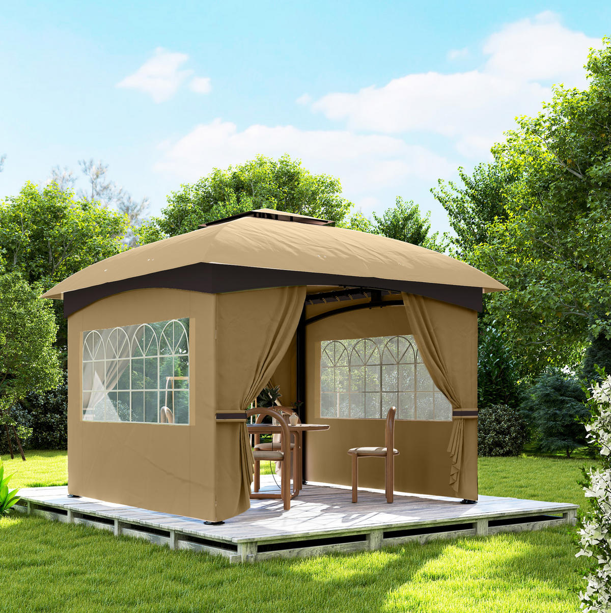 GARTENPAVILLON 335/335/285 cm mit Doppeldach, UV-Schutz und Seitenteilen aus Polyester, Beige - Beige, Textil (335/285/335cm) - Redom