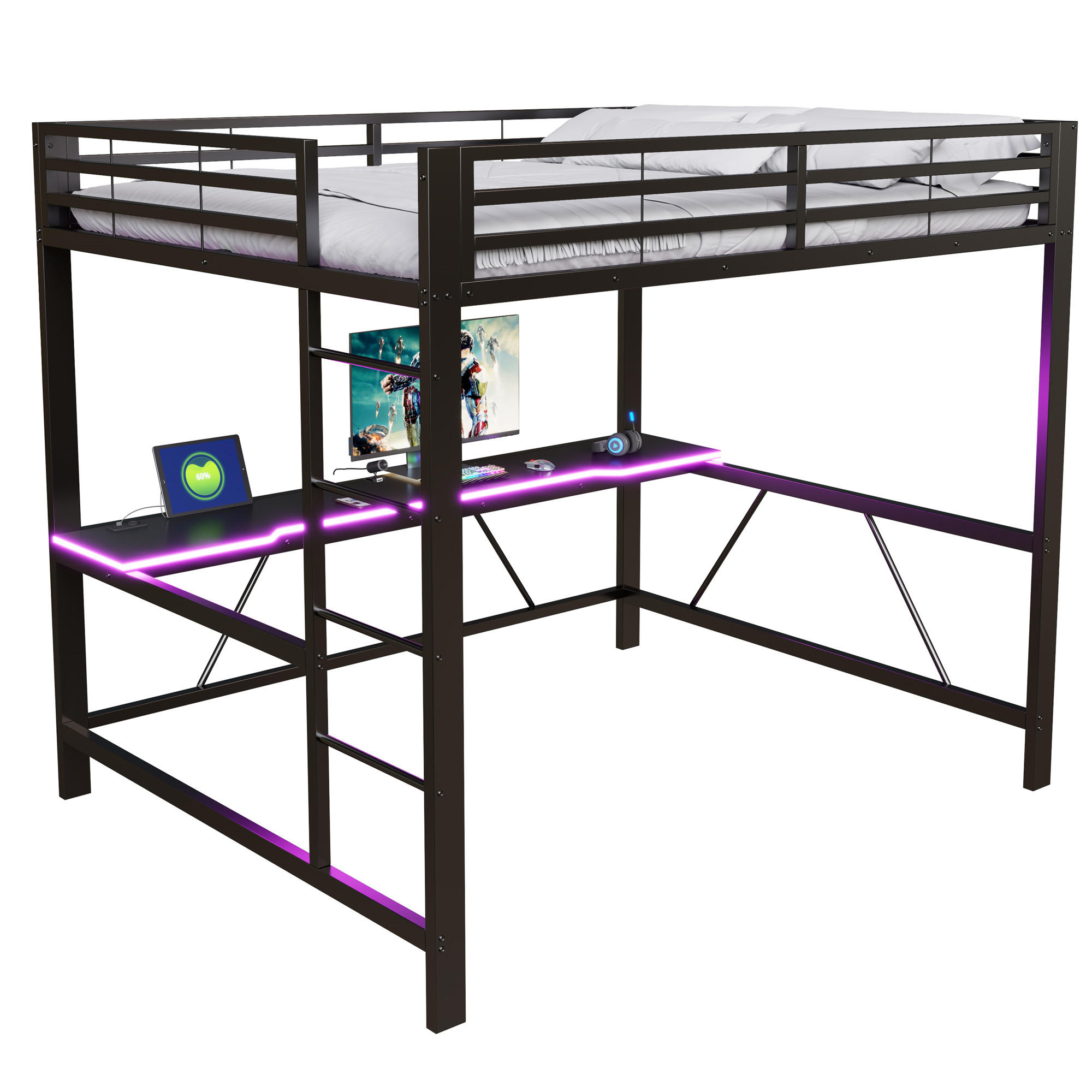 HOCHBETT 160/200 cm in Schwarz mit Schreibtisch, LED und USB Metall - Schwarz, Metall (160/200cm) - CHICFURN