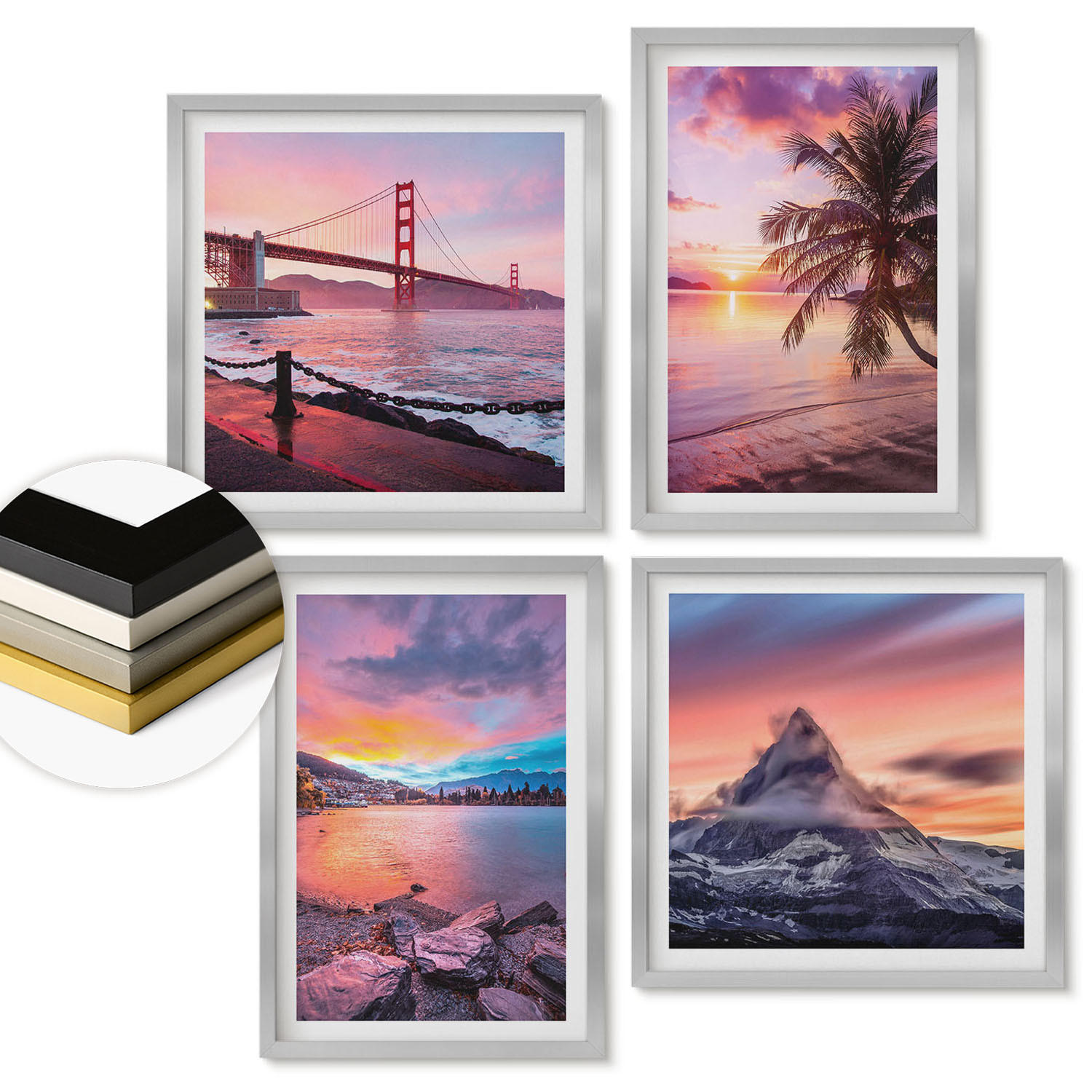 WANDBILDER 4er Set - 50x50 cm & 40x60 cm Silberner Rahmen - Sonnenuntergangsbrücke Landschaft - Silberfarben, Kunststoff (50/50cm) - ArtPrintCave