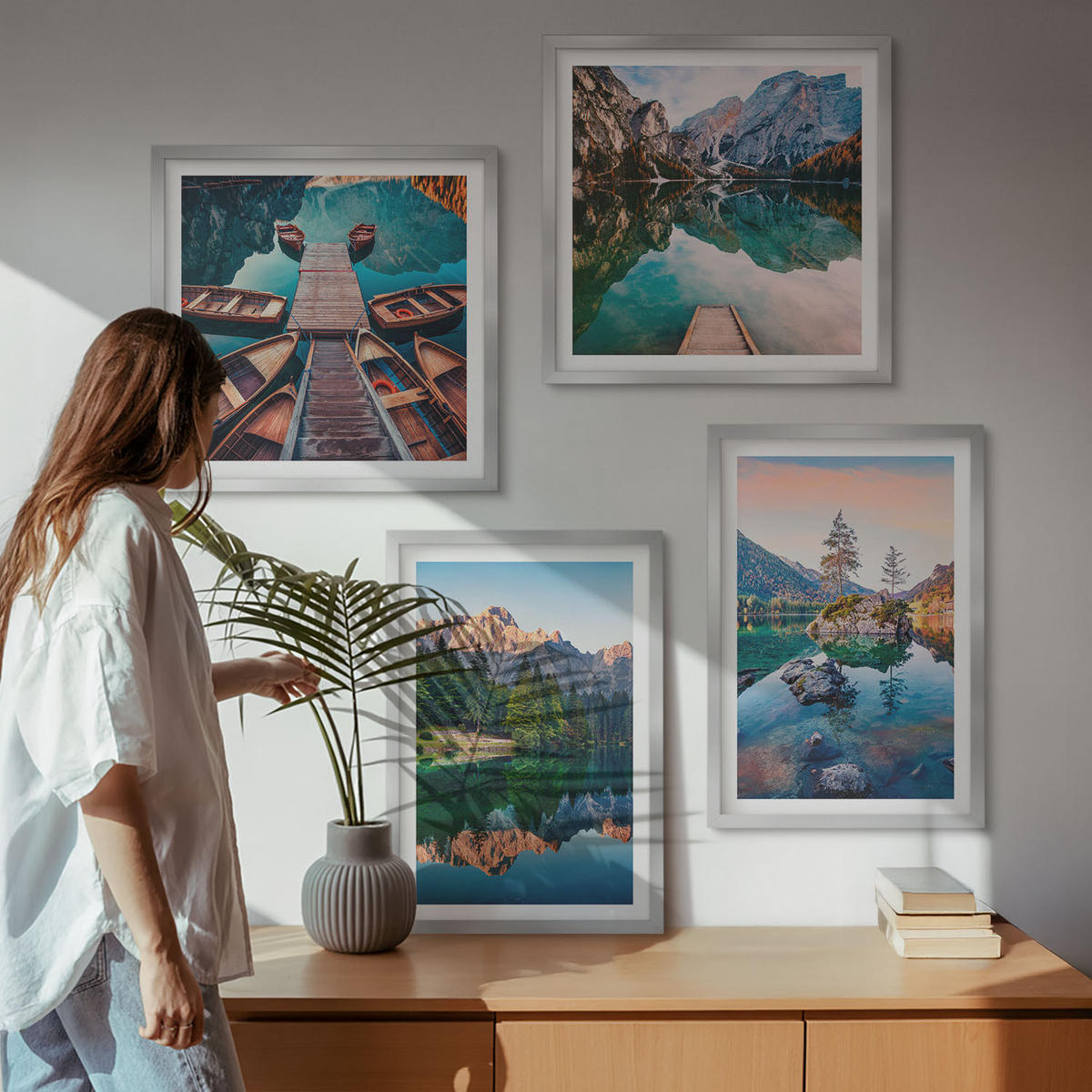 BILDER SET 4er Set - 50x50 cm & 40x60 cm Silberner Rahmen - Spiegelung des Waldes in Bergseen - Silberfarben, Kunststoff (50/50cm) - TULUP