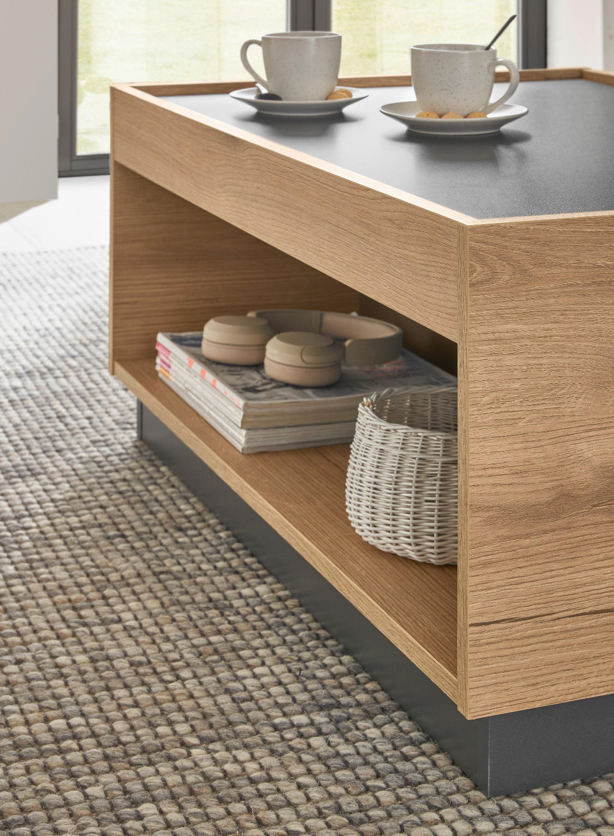 COUCHTISCH Eiche Evoke, grau 90 x 60 cm, Wohnzimmertisch mit Stauraum - Schwarz/Naturfarben, Holz/Holzwerkstoff (90/90/1cm) - Furn.Design