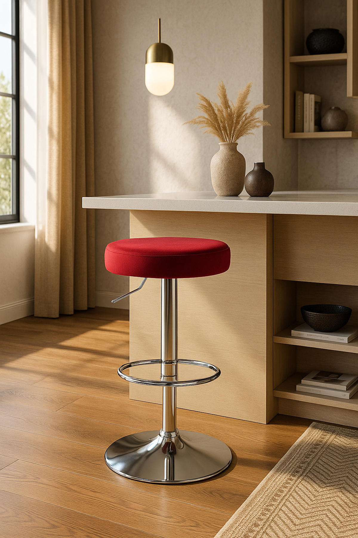 BARHOCKER Pontius Samt chrom rot - Chromfarben/Rot, Textil/Metall (38.5/81/38.5cm) - TPFLiving