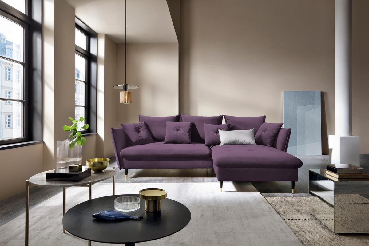 ECKSOFA GLAM mit Schlaffunktion, Ottomane & goldenen Füßen – Samtsofa im Glamour-Stil mit Zierkissen, 258x167x91 cm, rechte, lila​ - Lila, Holz/Textil (258/167cm) - DomoHome