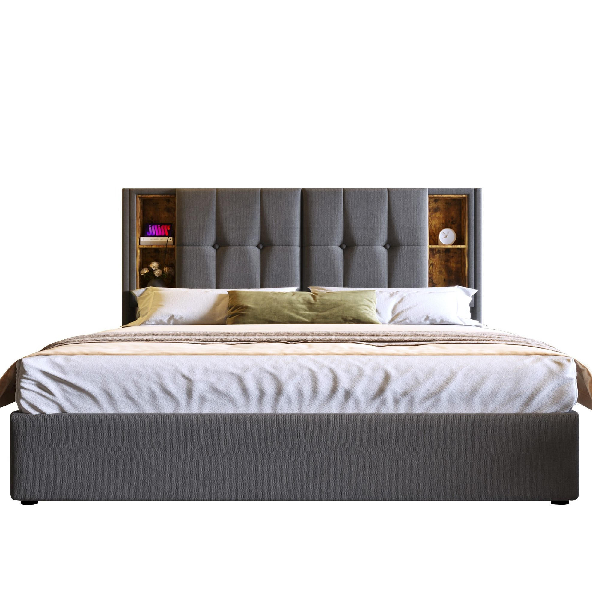 POLSTERBETT 180/200 cm mit kabellosem Laden, USB-C, Bettkasten und Kopfteilablagen, Grau - Grau, Textil (180/200cm) - Redom