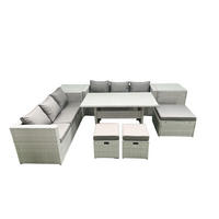 GARTENMÖBEL SET mit Esstisch,3 Hockern,2 Beistelltischen Polyrattan Hellgrau 9-Sitzer - Hellgrau/Grau, Glas/Kunststoff - Fimous