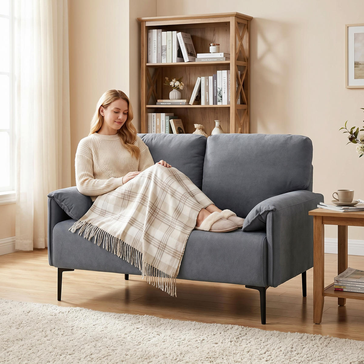 SOFA, 2-Sitzer, samtiger Bezug, dicke Kissen, schwarz - Multicolor, Holzwerkstoff (127/84/72cm) - FORIOUS