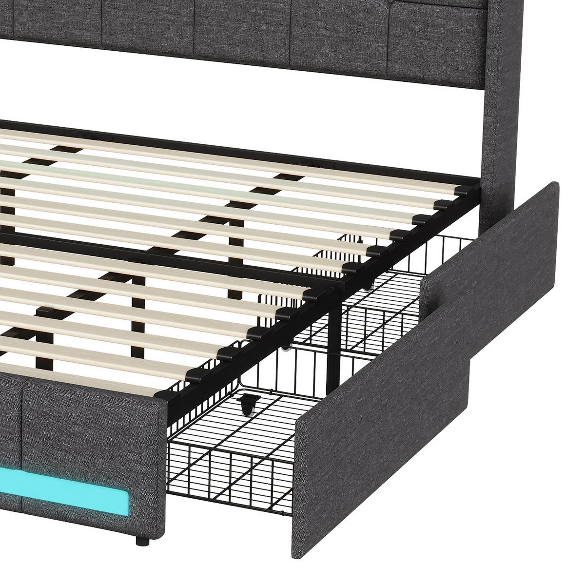 POLSTERBETT 180x200 cm mit Stauraumkopf und 4 Schubladen, LED-Leisten, USB-/Typ-C, Leinenstoff, Grau - Grau, Holz (180/200cm) - BRILVERDE