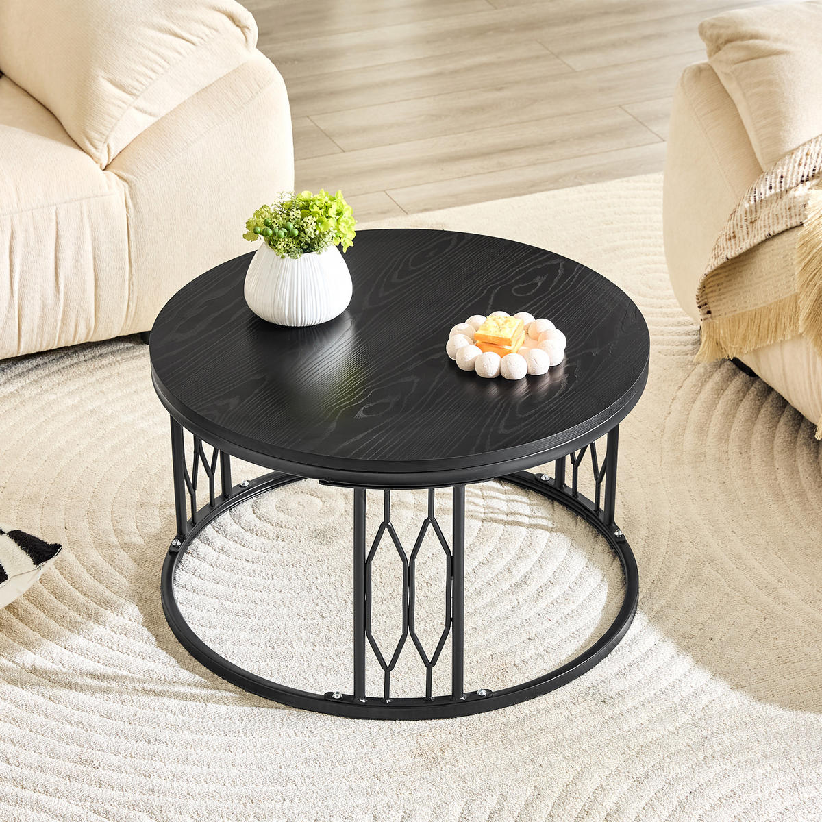 COUCHTISCH DE-37365 rund mit Holzoptik Schwarz - Schwarz, Metall (70/70/40.5cm) - ComfortXL