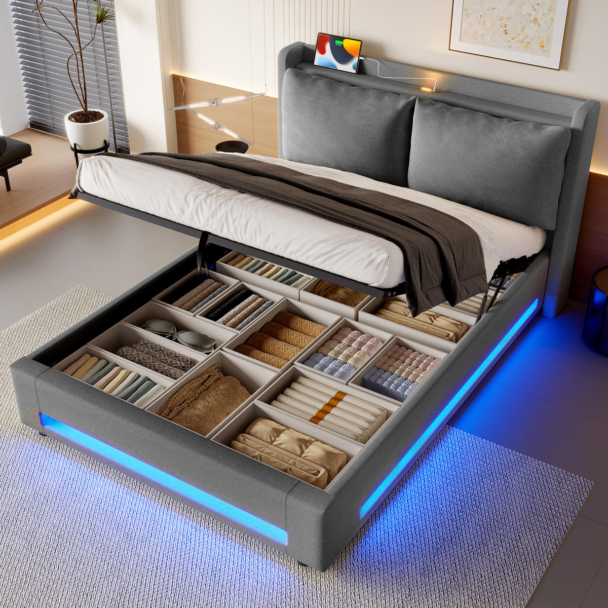 POLSTERBETT 140x200 cm LED USB Stauraum - Dunkelgrau, Textil (140/200cm) - LEBENLANG