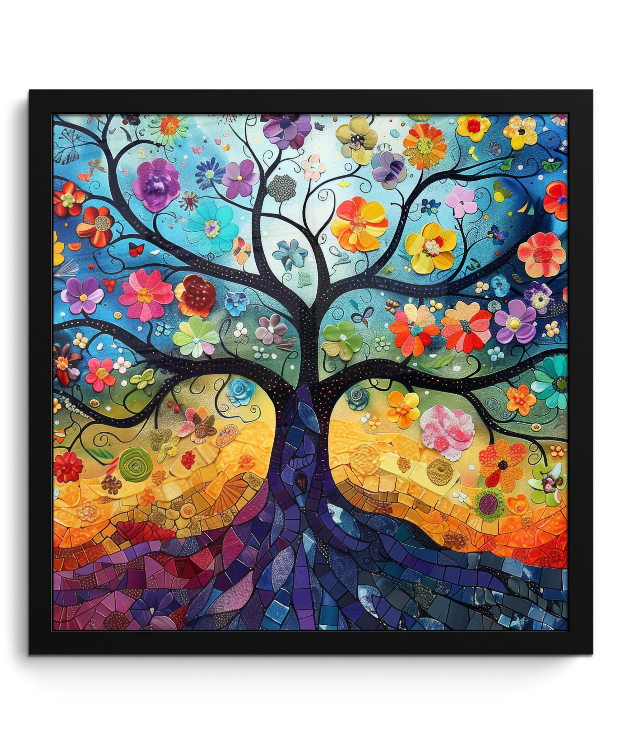 POSTER MIT RAHMEN Kunst - Baum des Lebens - Blumen - Hippie 40x40 cm - Dunkelblau, Papier (40/40cm) - MuchoWow