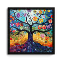 POSTER MIT RAHMEN Kunst - Baum des Lebens - Blumen - Hippie 40x40 cm - Dunkelblau, Papier (40/40cm) - MuchoWow