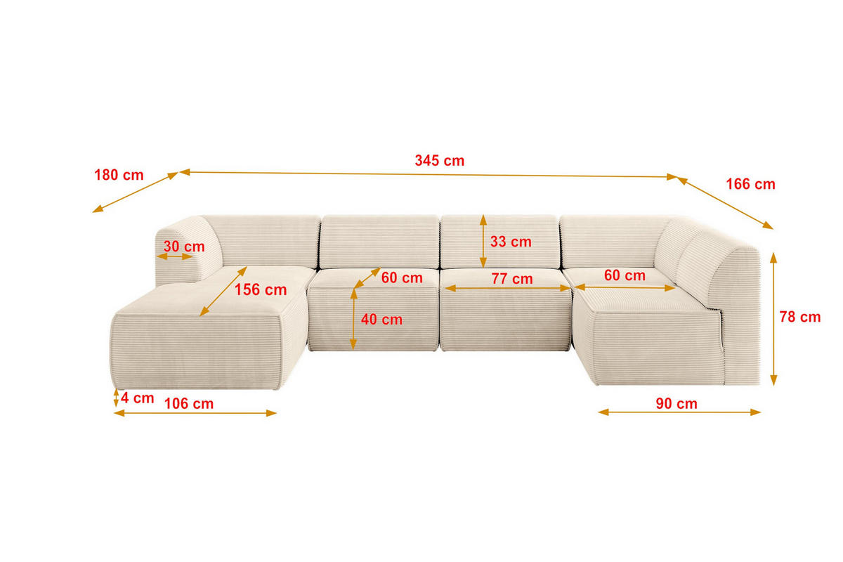 WOHNLANDSCHAFT Ottomane Links MOVA 345x180x78 Beige Cord - Kaschmir/Beige, Holzwerkstoff/Kunststoff (180/78/345cm) - ALTDECOR
