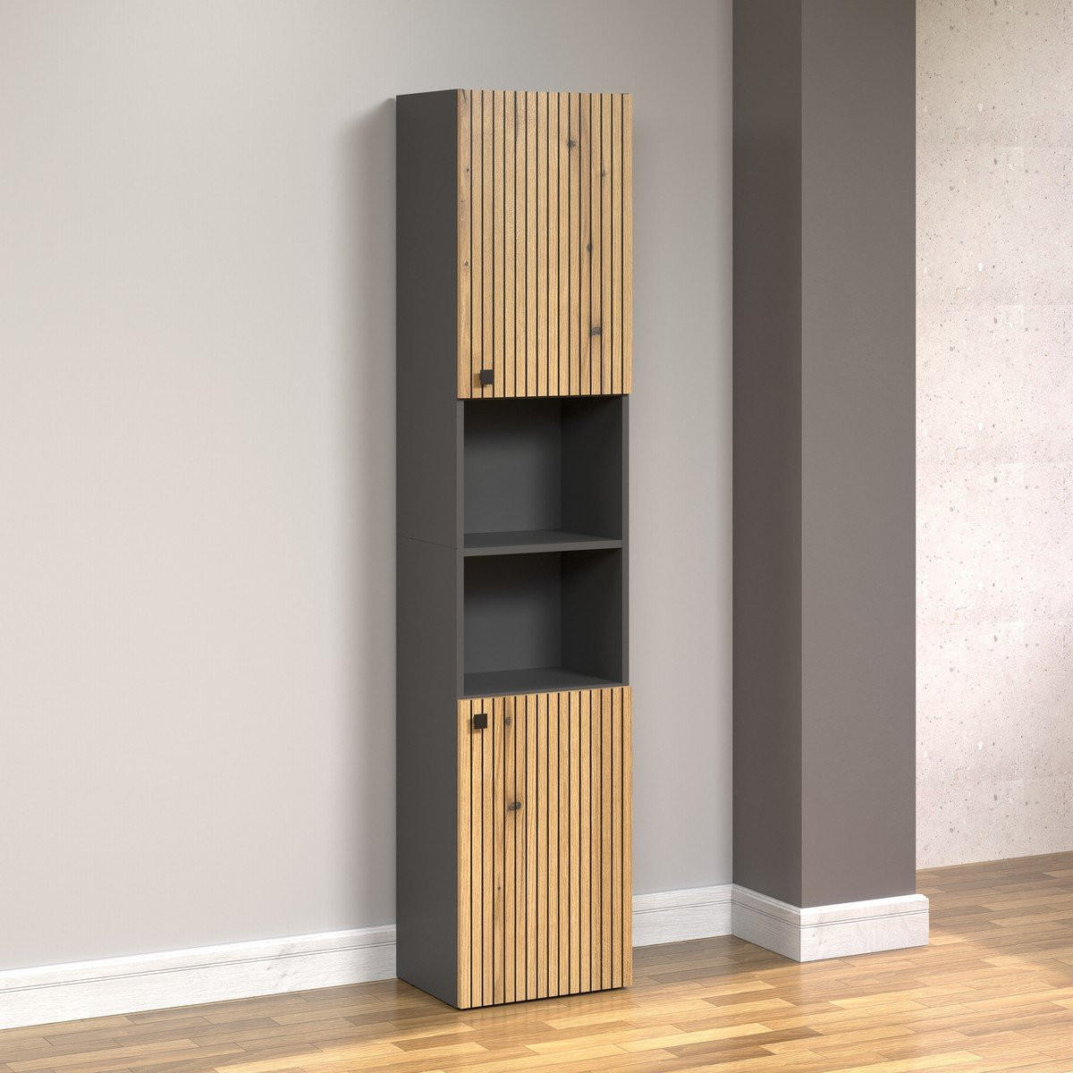 BADEZIMMERSÄULE mit Rillen, 2 Türen und 2 Fächern - purebliss 112/15/44,5 cm - Eichefarben, Holzwerkstoff (40/186/31cm) - Trendteam