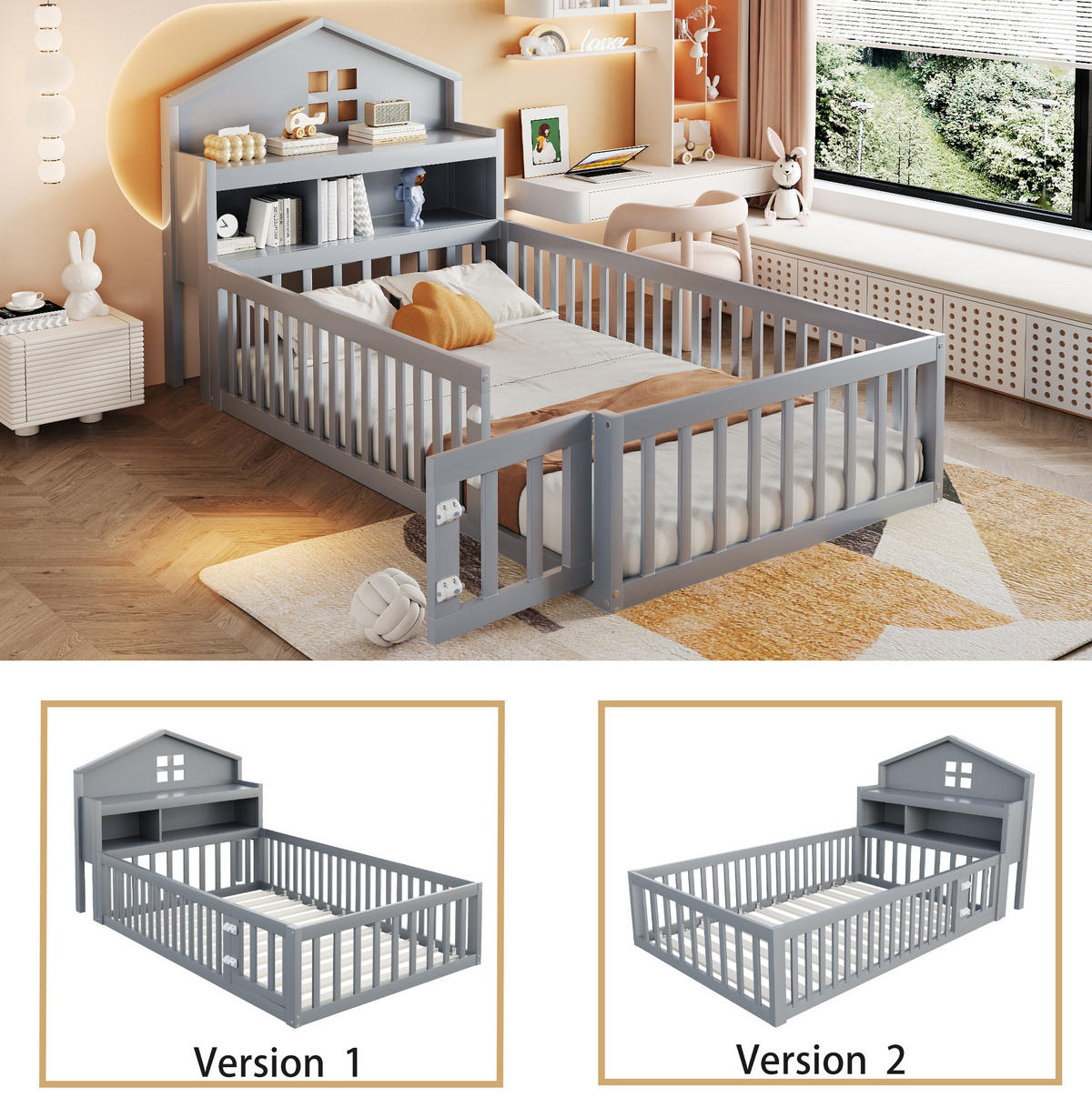 KINDERBETT 90/200 cm in Hausform mit Schutzgitter, Tür und Stauraum - Grau, Holzwerkstoff (90/200cm) - BEAOK