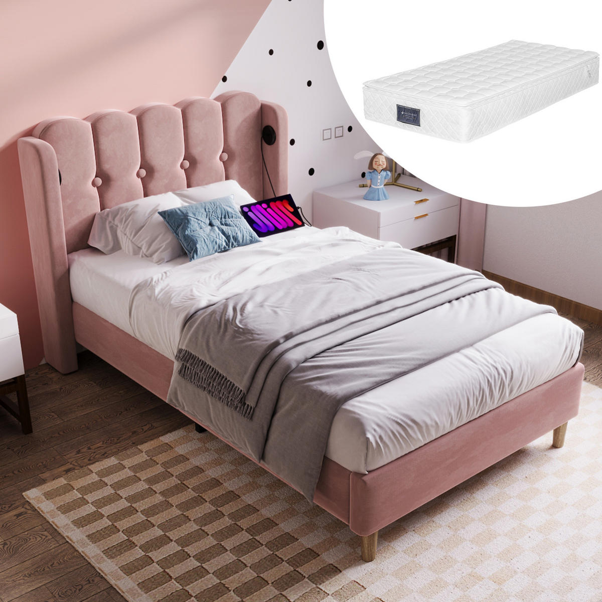 POLSTERBETT 90/200 cm mit USB- und Typ-C-Anschluss, Lattenrost und Matratze, Samtbezug mit Paneel-Kopfteil, Rosa - Rosa, Textil (90/200cm) - Redom