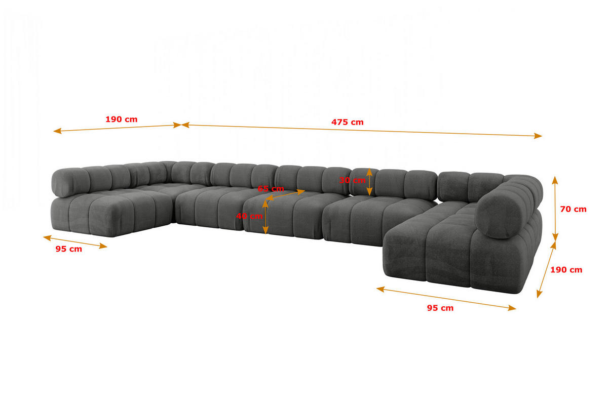 WOHNLANDSCHAFT modulares Sofa Garvo-U3 - 475x190x70 cm Dunkelgrau Velours - Dunkelgrau, Holzwerkstoff/Textil (475/70/190cm) - ALTDECOR