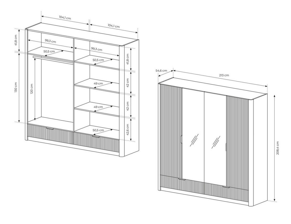 KLEIDERSCHRANK 213 cm Brando mit Spiegel, 4 Türen, 2 Schubladen, Beige - Beige, Holz (213/208/55cm) - Emporius