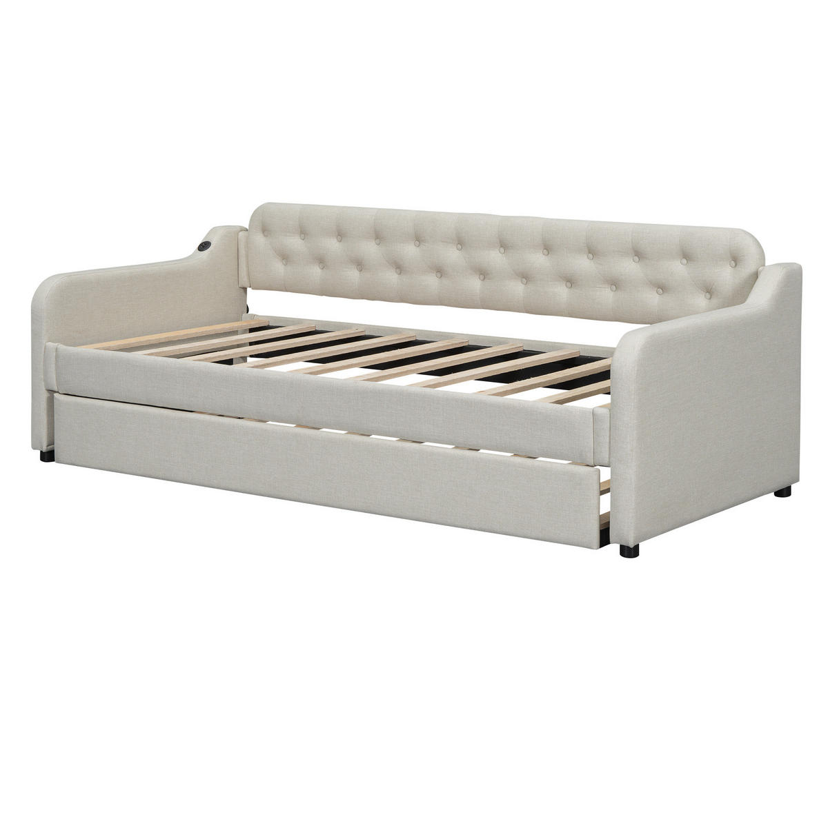 POLSTERBETT 90/200 cm mit Ausziehbett und USB-Anschluss in Beige - Beige, Textil (90/200cm) - BEAOK