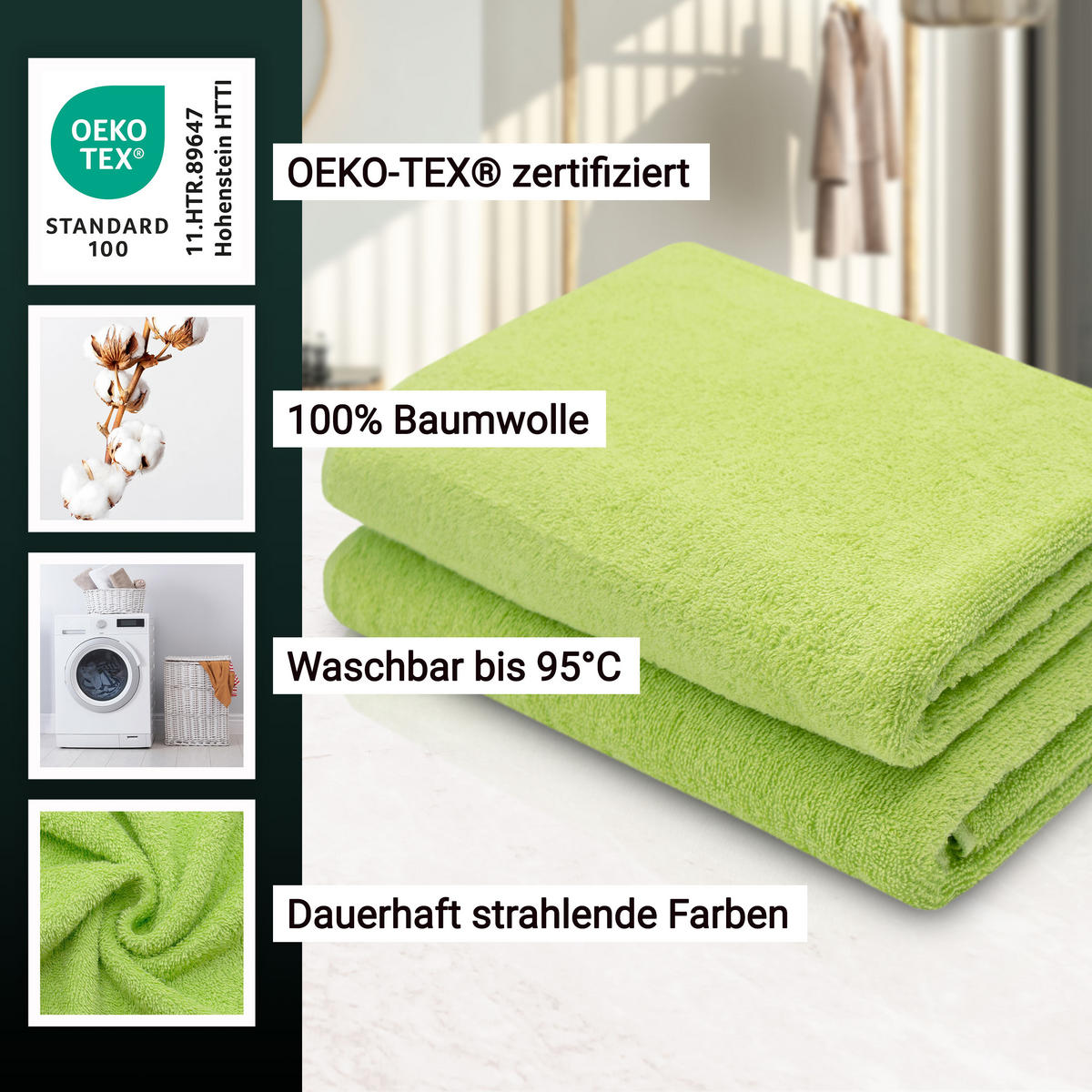 DUSCHTÜCHER, 2er-Set, 70x140 cm, 100% Baumwolle, Grün - Limette, Textil (70/140cm) - Zollner