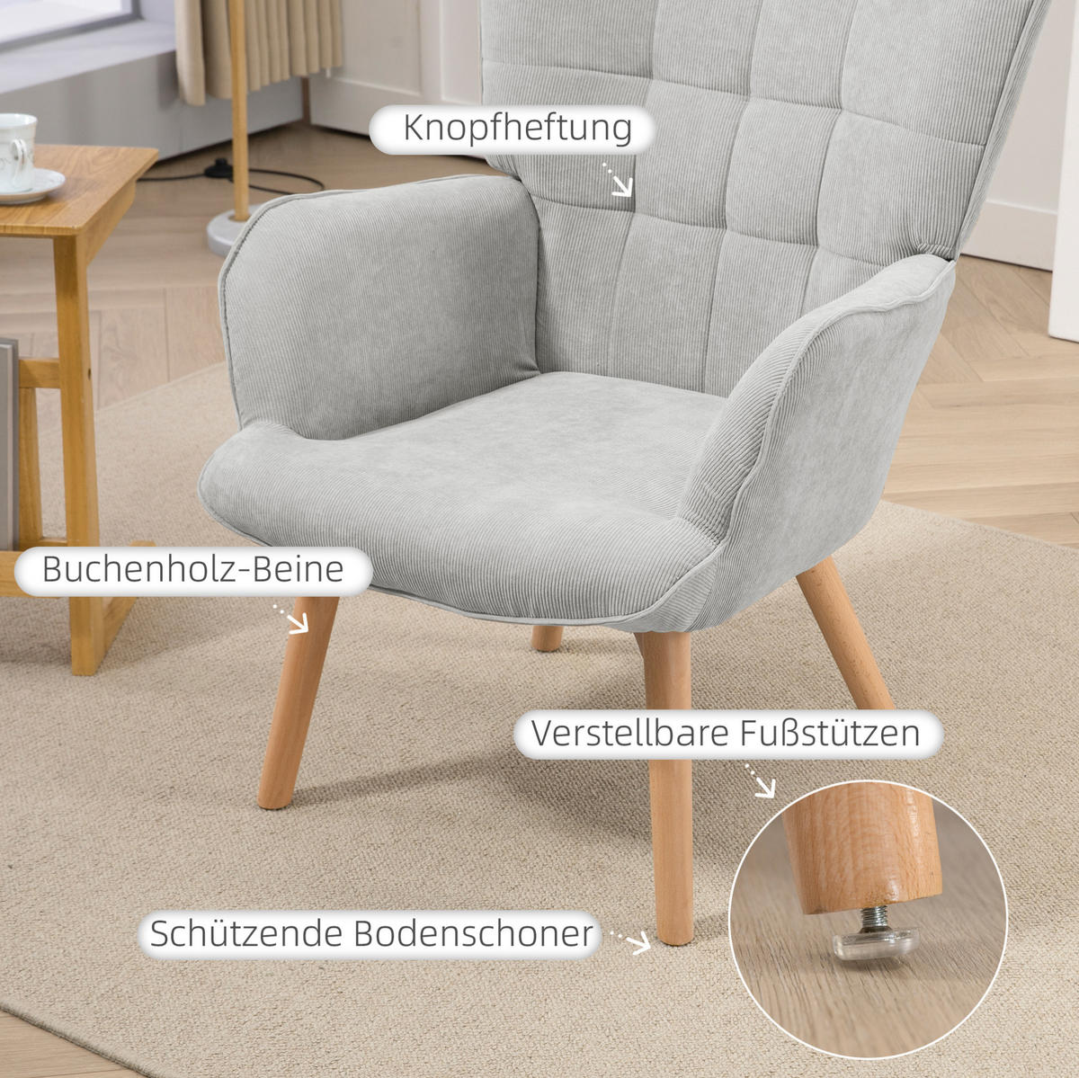 OHRENSESSEL Set Polyester mit Hocker, Holzbeinen 72/80/101 cm Grau - Grau, Textil (72/101/80cm) - Redom