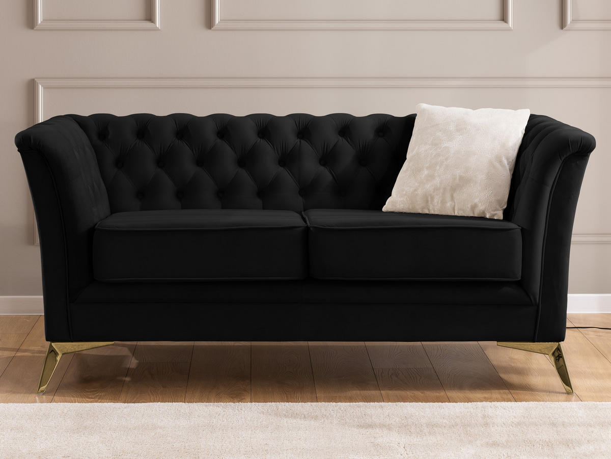 SITZGARNITUR 2+1 Chesterfield Whitby Schwarz Samt mit goldenen Füßen - Goldfarben/Schwarz, Holz/Textil (175/78/82cm) - S-Style Möbel