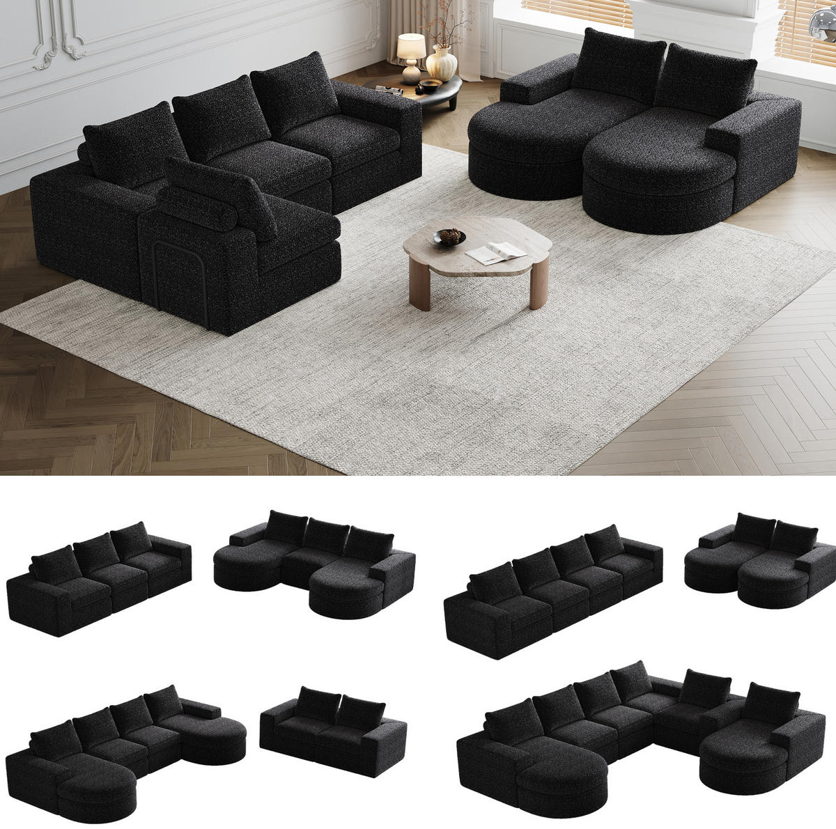 ECKSOFA 322,5/271,7/81,2 cm modular schwarz aus Chenille mit wechselbarer Chaiselongue - Schwarz, Textil (322.5/271.7cm) - OKWISH