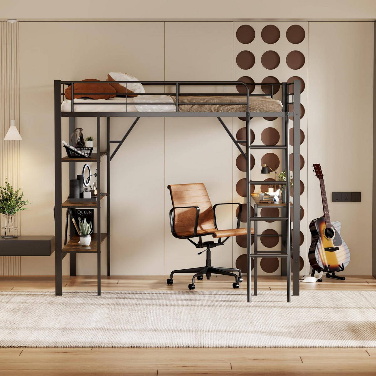 HOCHBETT 90/200 cm aus Metall mit Schreibtisch und Ablagen, Schwarz - Schwarz, Metall (90/200cm) - OKMYHOME