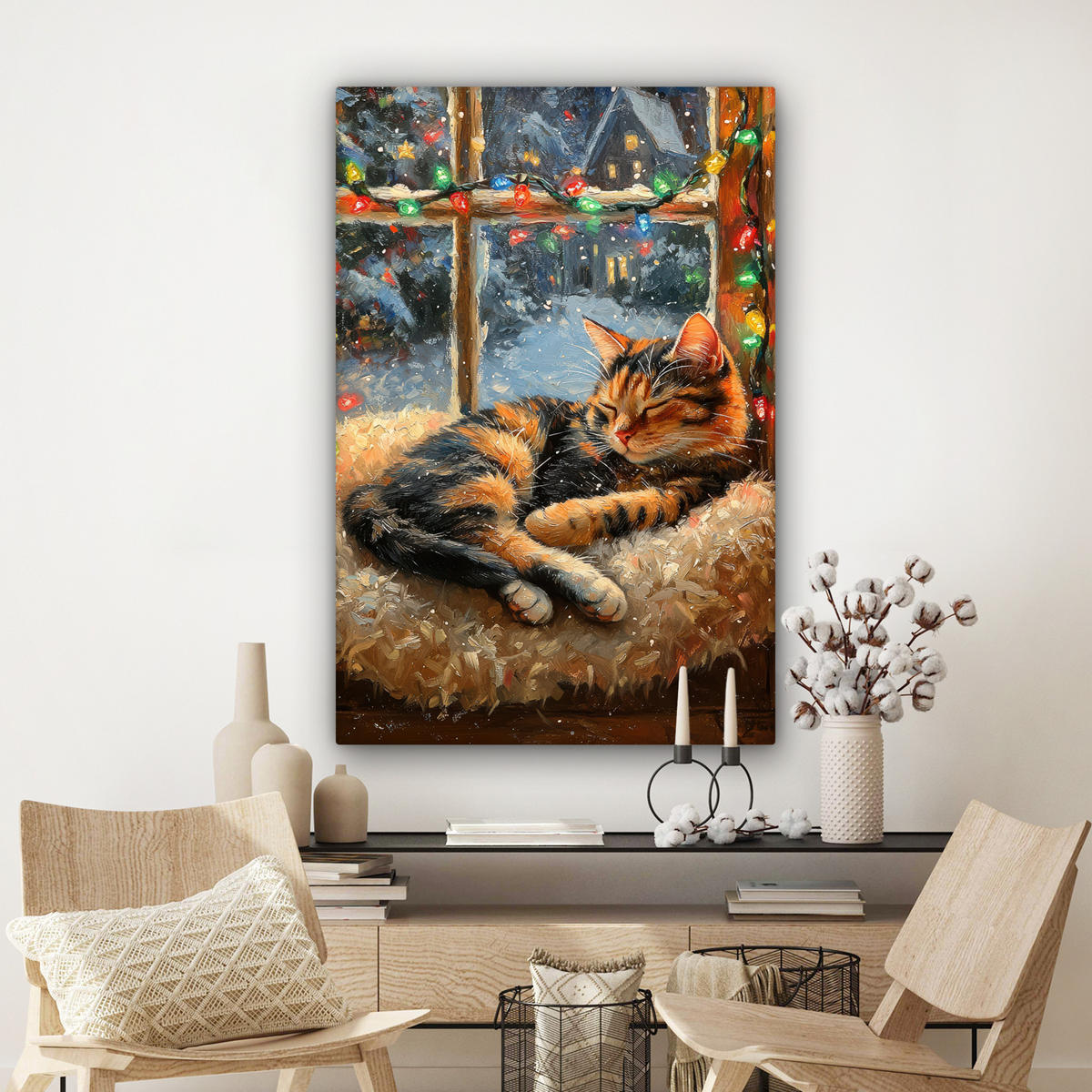 LEINWANDBILD Katze - Weihnachten - Winter - Tier Deko Groß 90x140 cm - Bernsteinfarben, Textil (90/140cm) - MuchoWow