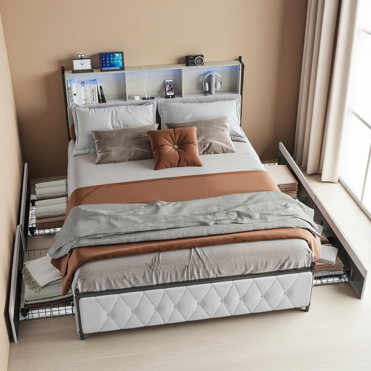 BETT 180x200cm beige samt led usb typ-c unterbettstauraum - Beige, Metall - SHOPENTRA