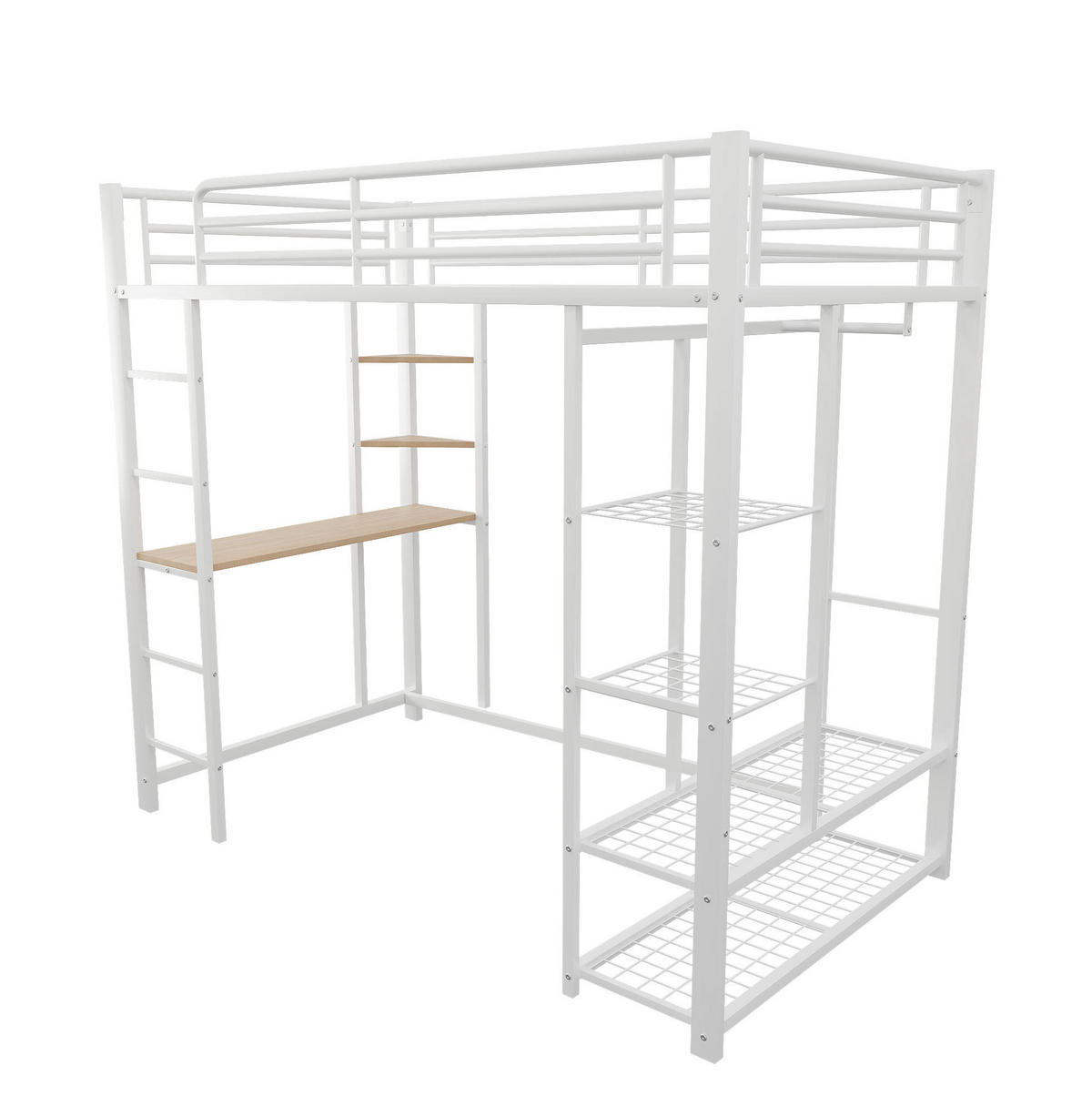 HOCHBETT 90/200 cm Weiß aus Metall mit Schreibtisch und Kleiderstange - Weiß, Metall (90/200cm) - OKMYHOME