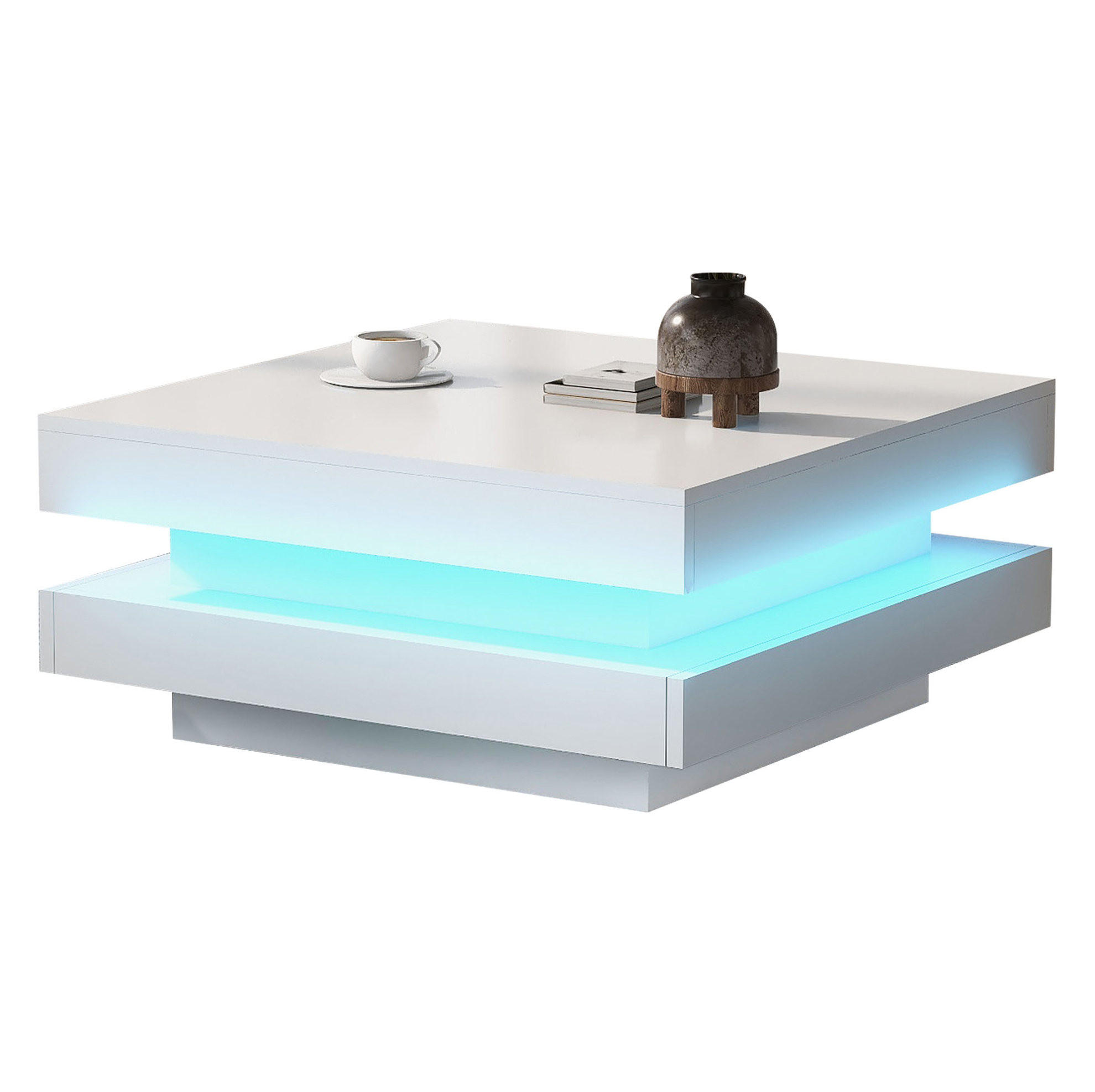Redom KONFERENČNÍ stolek 70/70/36 cm s otočnou deskou o 360°, LED osvětlením a vysokým leskem, Bílá