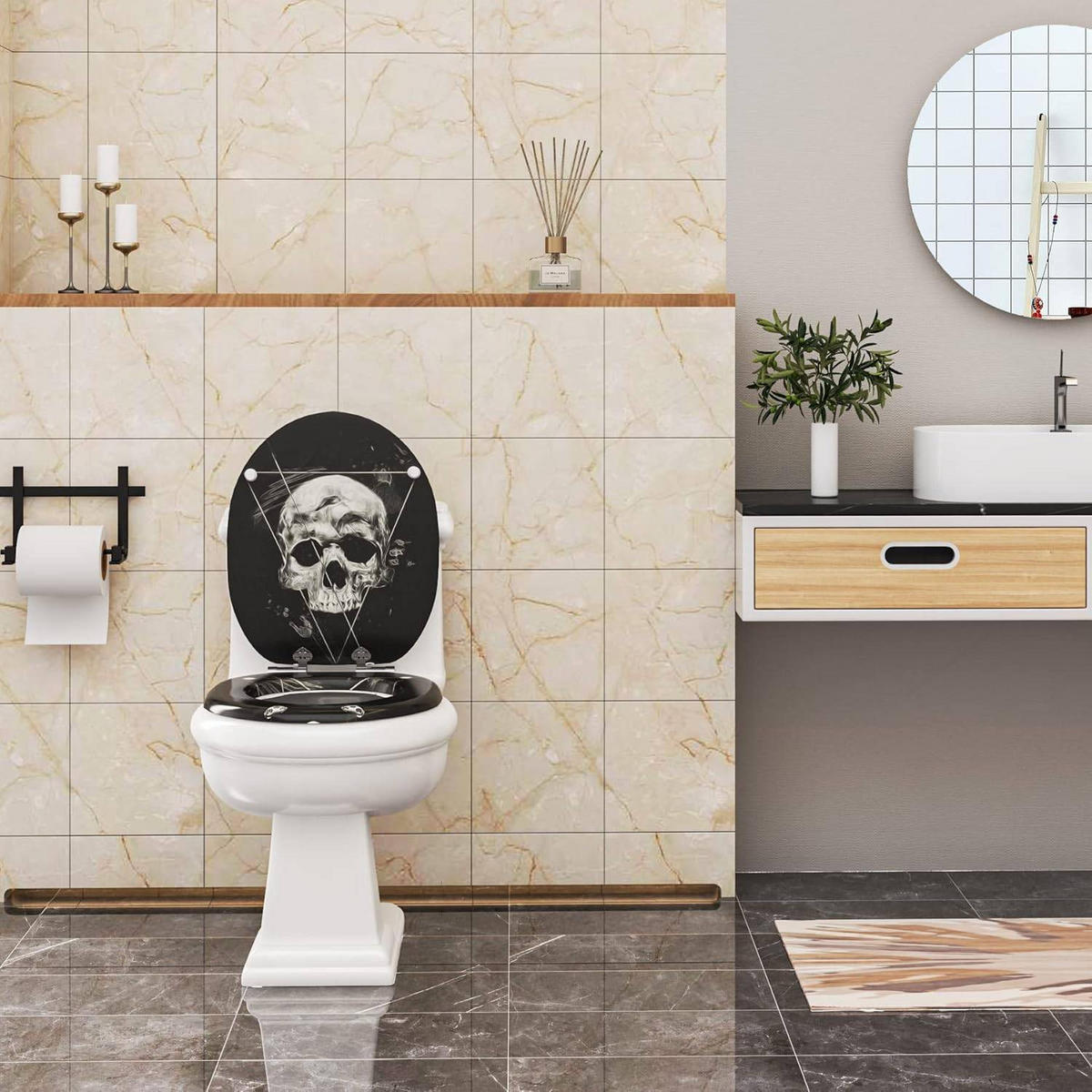 WC SITZ mit Absenkautomatik,MDF Holzkern,Softclose Scharnier - Schwarz/Weiß, Holzwerkstoff (37/3/43cm) - Woltu