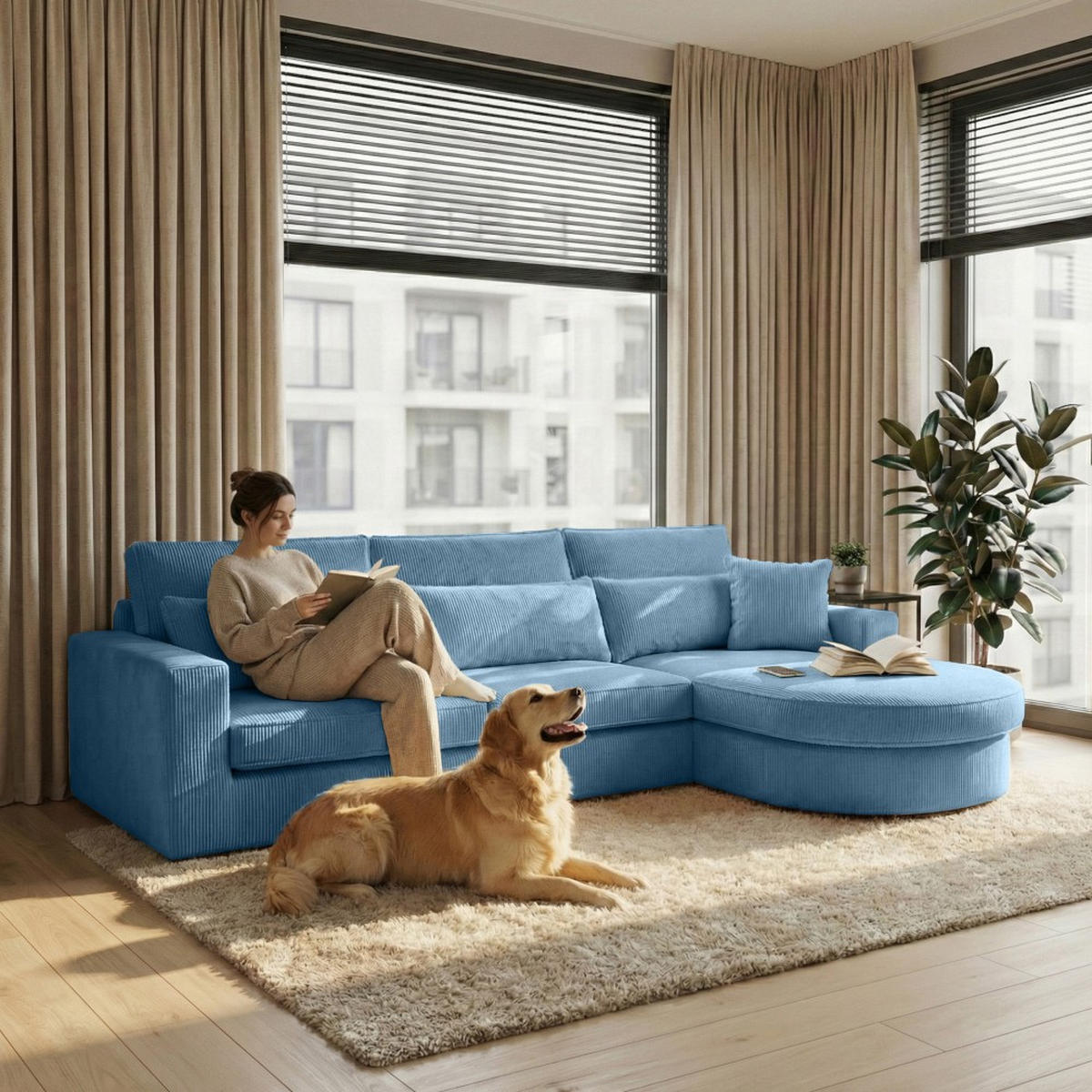 ECKSOFA Pablo ohne Schlaffunktion, mit abgerundeter Ottomane, rechts, Blau - Blau, Textil (319/196cm) - Beautysofa
