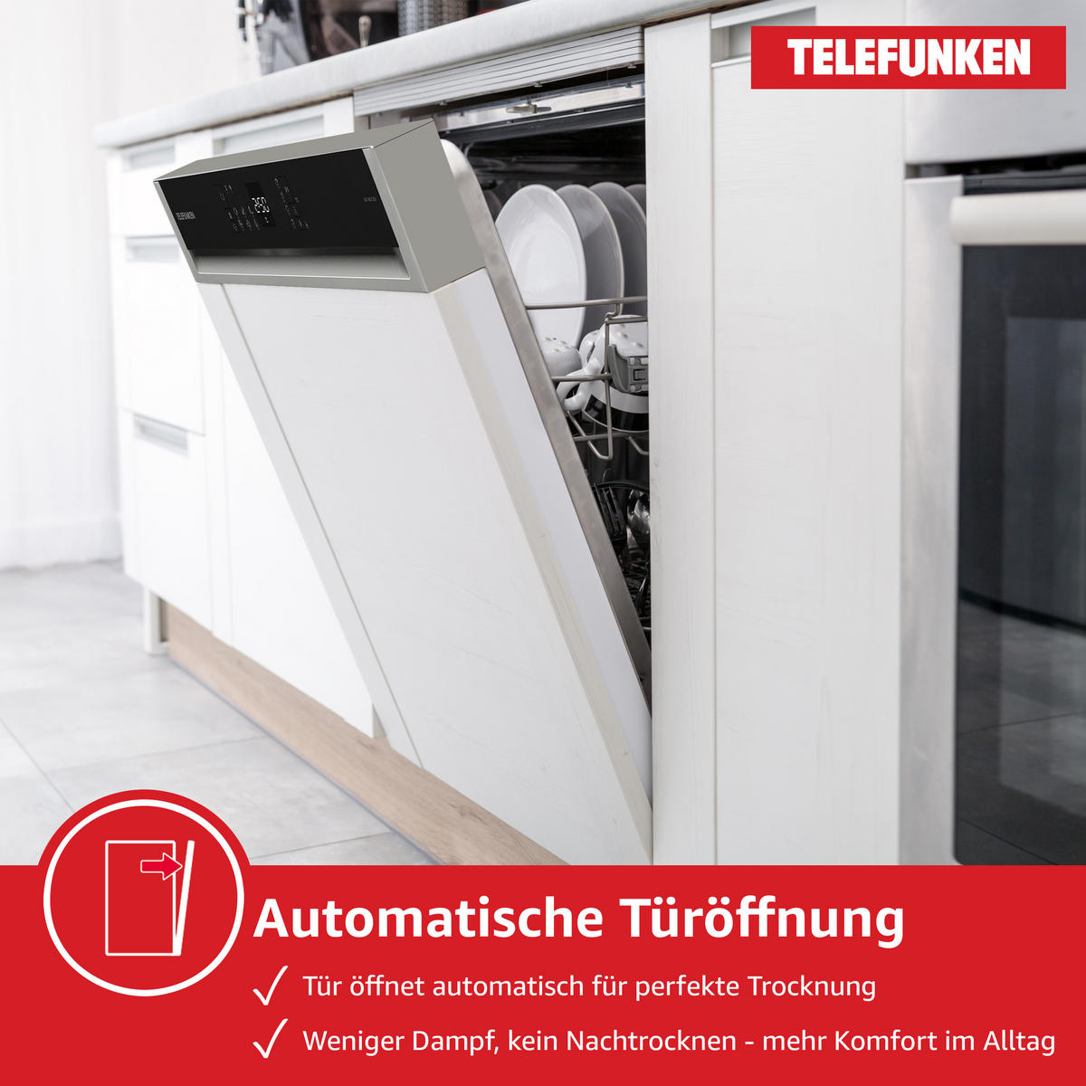 GESCHIRRSPÜLER, 60 cm teilintegrierbar, Einbau Spülmaschine, 12 Maßgedecke, 6 Programme, AquaStop, Startzeitvorwahl, Auto-Door, leise 45 dB, GET6012DI - Silberfarben/Schwarz, Kunststoff/Metall (59.8/82/57cm) - Telefunken