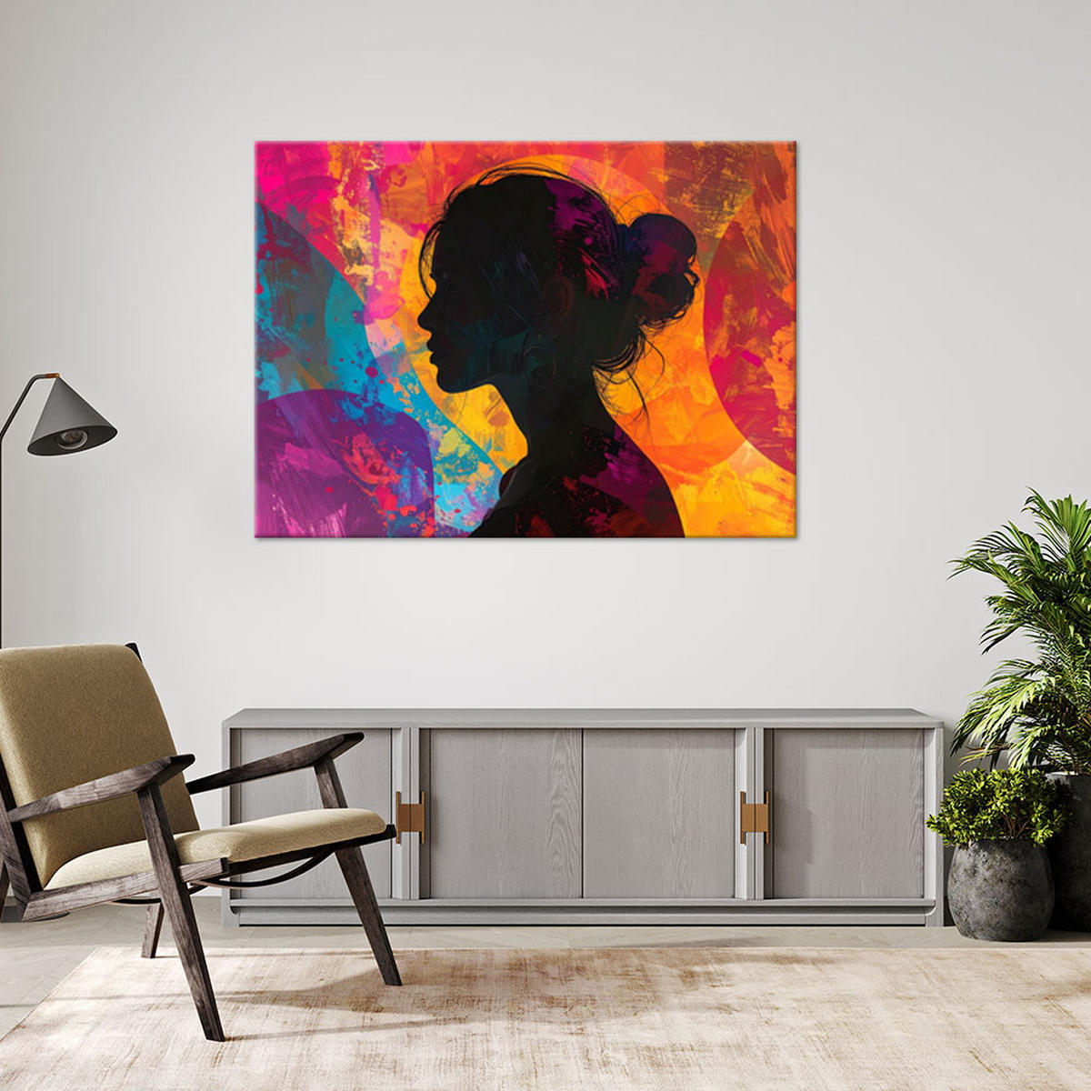 BILD auf Leinwand, Silhouette einer Frau vor einem farbenfrohen abstrakten Hintergrund - Multicolor, Textil (30/20cm) - Feeby
