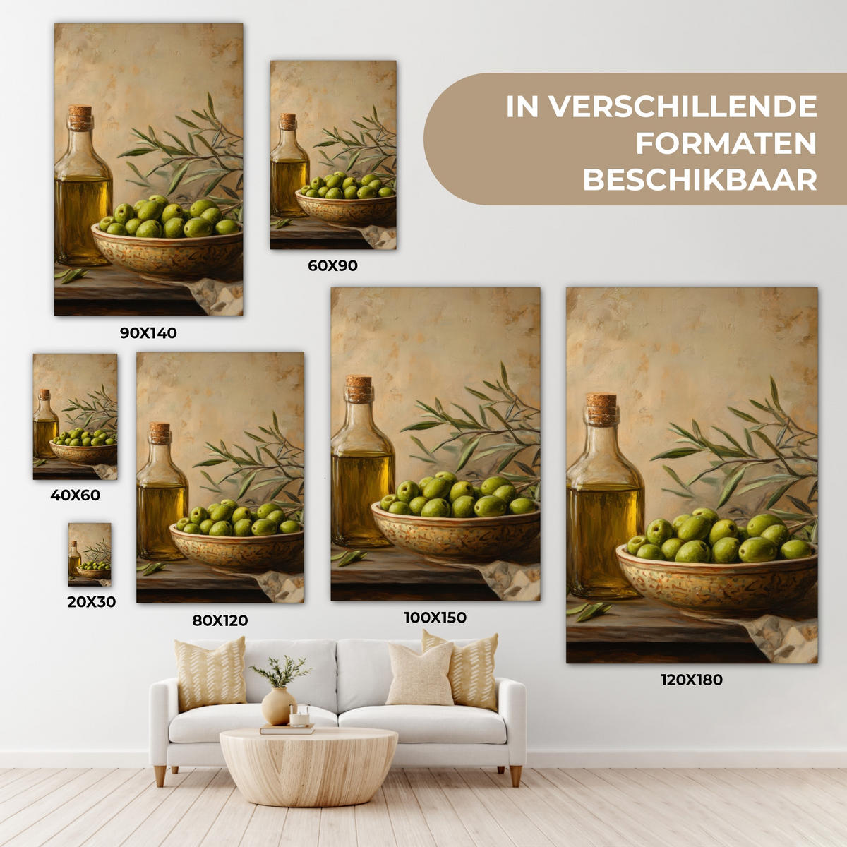 LEINWANDBILD Oliven - Stilleben - Vintage Deko XXL 80x120 cm - Olivgrün, Textil (80/120cm) - MuchoWow