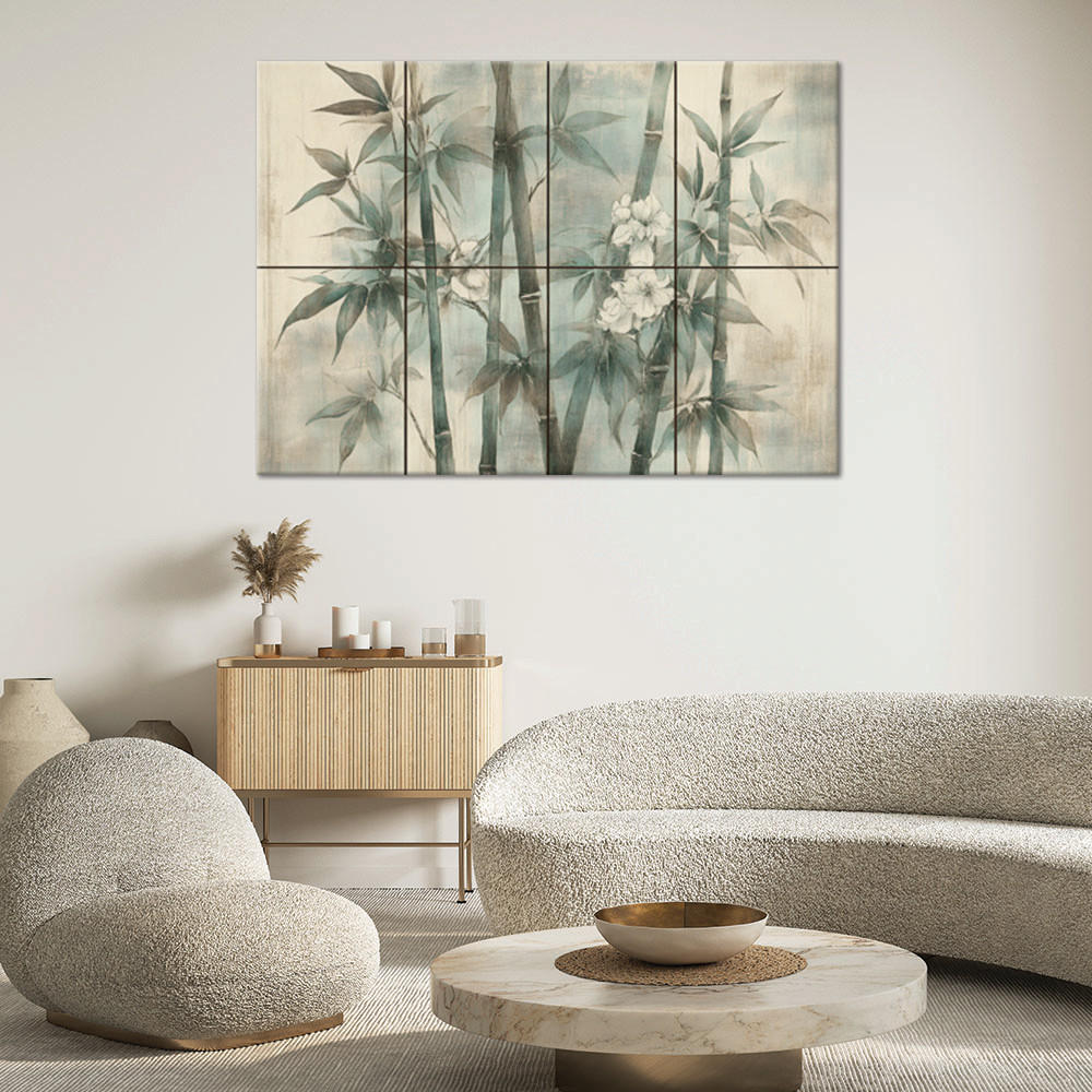 WANDBILD bambussprossen mit blumen auf einem strukturierten hintergrund - Beige, Textil (60/40cm) - Feeby