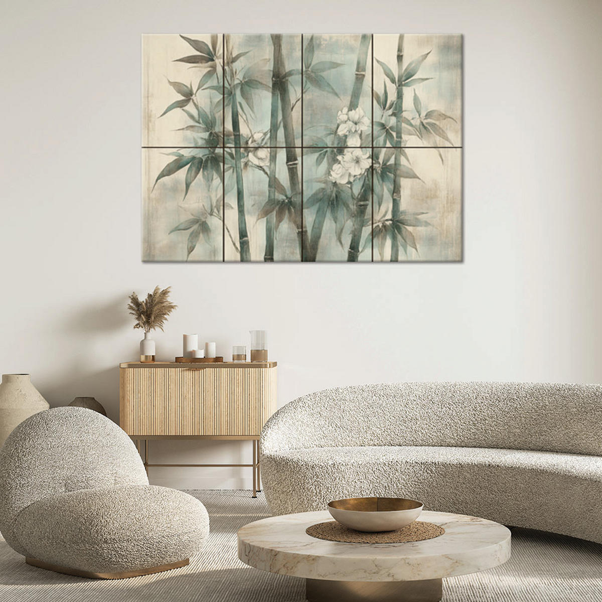 WANDBILD bambussprossen mit blumen auf einem strukturierten hintergrund - Beige, Textil (60/40cm) - Feeby