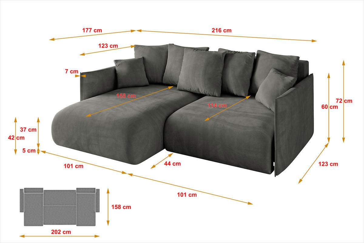 ECKSOFA mit Schlaffunktion und Bettkasten ONESK-L 216x177x72 Dunkelgrau Velours - Dunkelgrau/Anthrazit, Holzwerkstoff/Kunststoff (216/177cm) - ALTDECOR