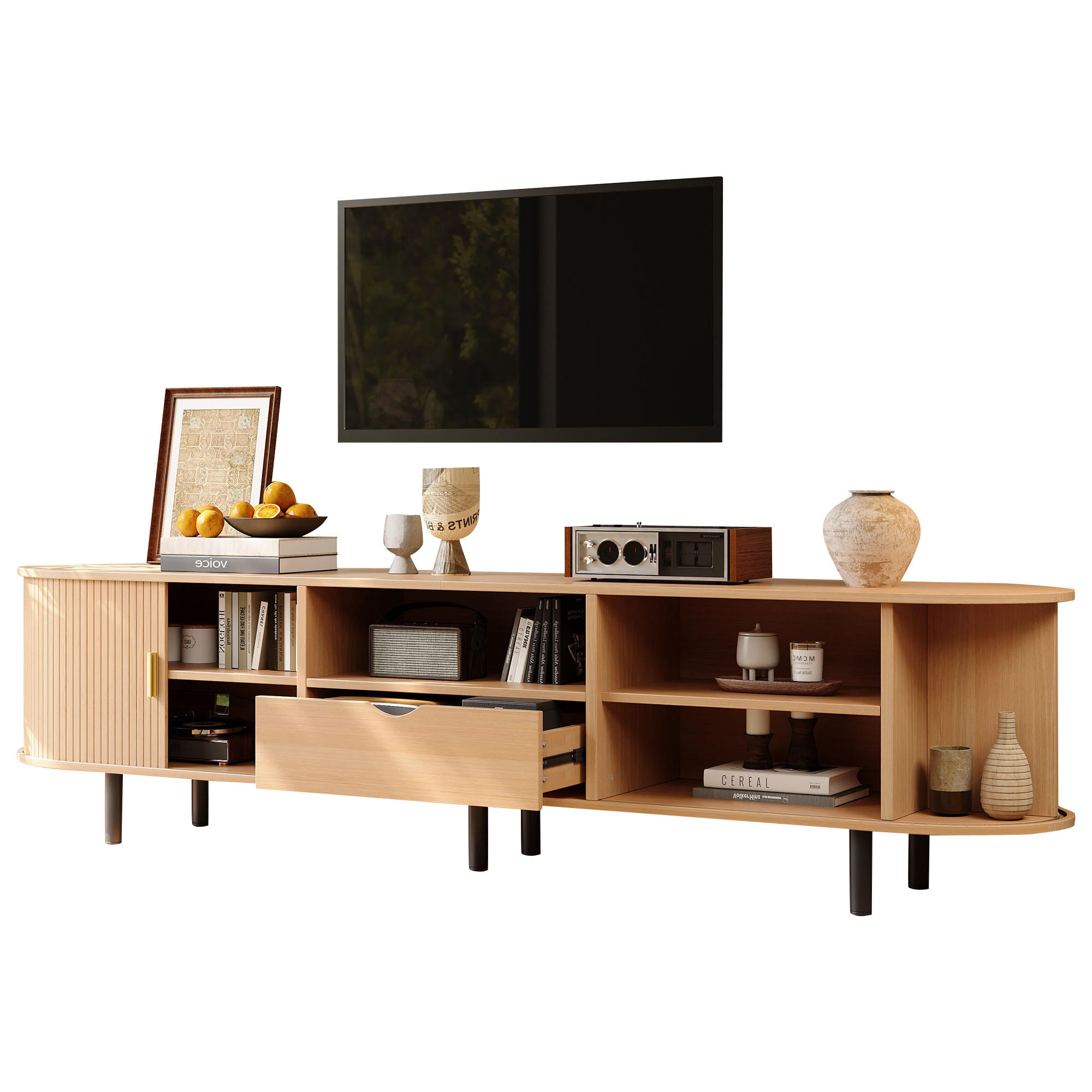 TV-SCHRANK mit abgerundeten Kanten und Rollo-Tür aus MDF 175 × 40 × 55 cm - Naturfarben, Holzwerkstoff (175/55/40cm) - Luhomfu