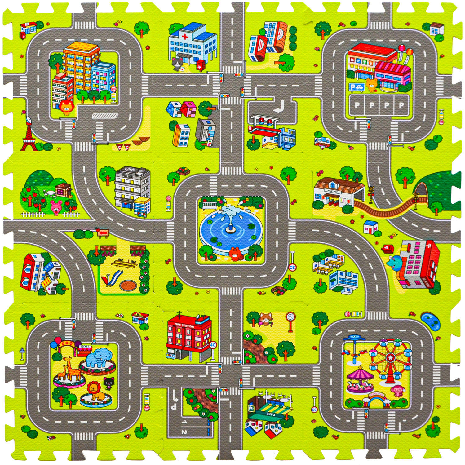 SPIELMATTE STRASSE- 90/90/1 cm Puzzlematte Grün - Multicolor, Kunststoff (30/30cm) - Littletom