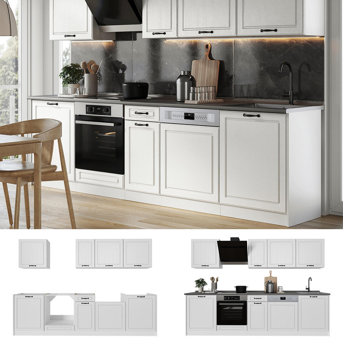 KUCHYNKA R-Line, Biely vidiecky dom/biely, 280 cm antrasiitti työtaso - biela, kompozitné drevo (280/206.8/60cm) - Vicco