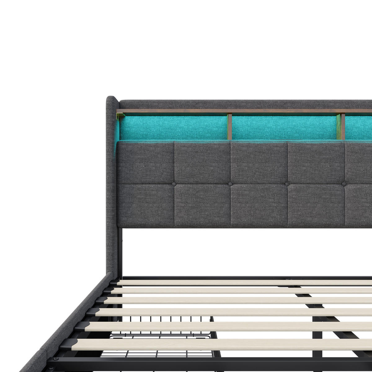 POLSTERBETT 160x200 cm mit Stauraumkopf und 4 Schubladen, LED-Leisten, USB-/Typ-C, Leinenstoff, Grau - Grau, Holz (160/200cm) - BRILVERDE