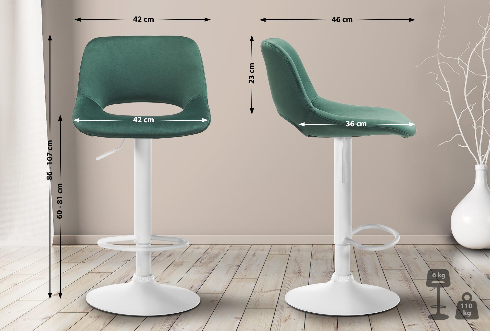 BARHOCKER JAKSON Grün Samt Weiß - Grün, Textil/Metall (42/86/46cm) - DELUKE