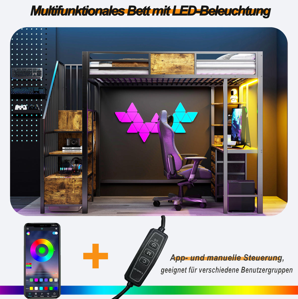 HOCHBETT mit Schreibtisch 90/200 cm in Schwarz – mit Stauraum, Kleiderstange und LED - Schwarz, Metall (90/200cm) - BEAOK
