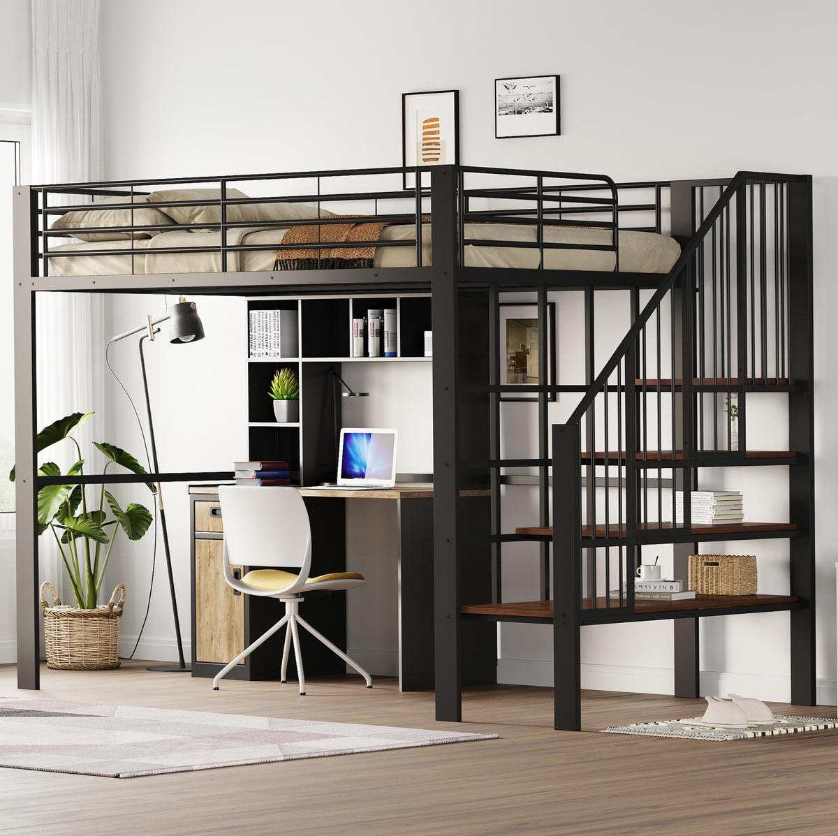HOCHBETT 140/200 cm, Schwarz mit Stauraum und Treppe - Schwarz, Metall (140/200cm) - MIVRAY