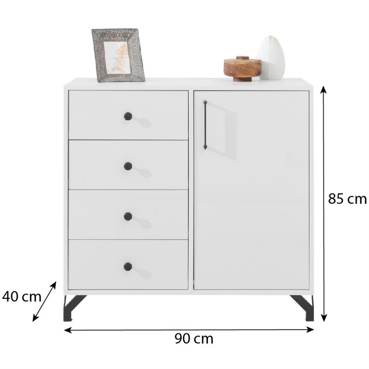 KOMMODE Bergo für Jugendzimmer, mit 1 Tür und 4 Schubladen - Weiß Hochglanz/Schwarz, Holzwerkstoff/Metall (90/85/40cm) - Beautysofa