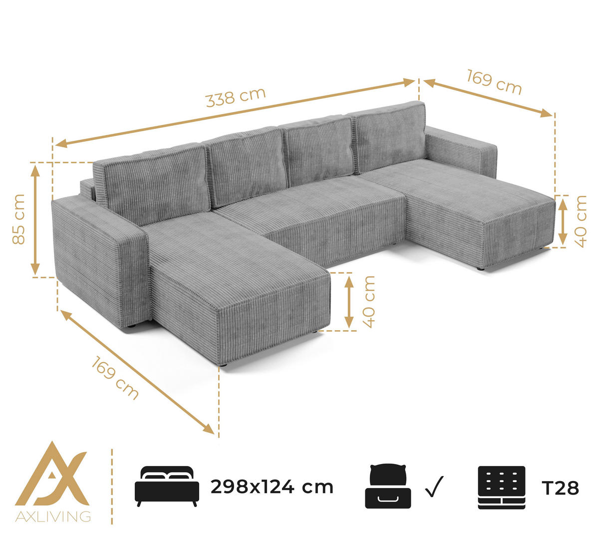 WOHNLANDSCHAFT Aydin U Form Grün 338/169/85 cm Cord mit Schlaffunktion - Dunkelgrün/Schwarz, Kunststoff/Textil (338/85/169cm) - AX Living