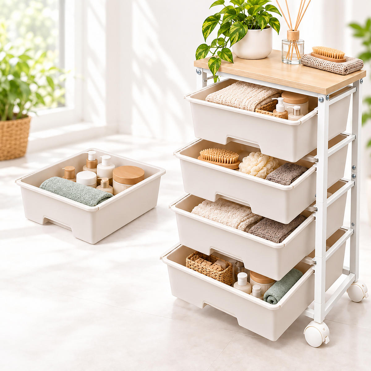 ROLLWAGEN Weiß 4 Kunststoffschubladen 77x39x29 cm - Weiß, Holzwerkstoff/Kunststoff (38.5/77/28.5cm) - Relaxdays